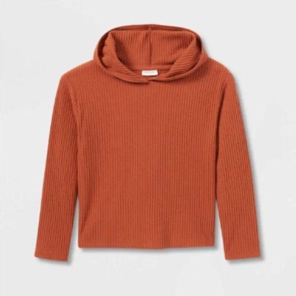 Cat & Jack Tops - Cat & Jack Girls' L/S Cozy Ribbed Pullover Hoodie Cinnamon Orange M (7/8) NWOT